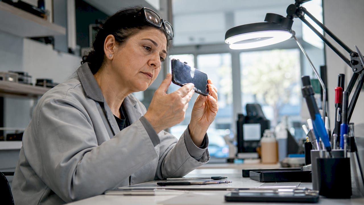 Technician inspecting iPhone screen for damage