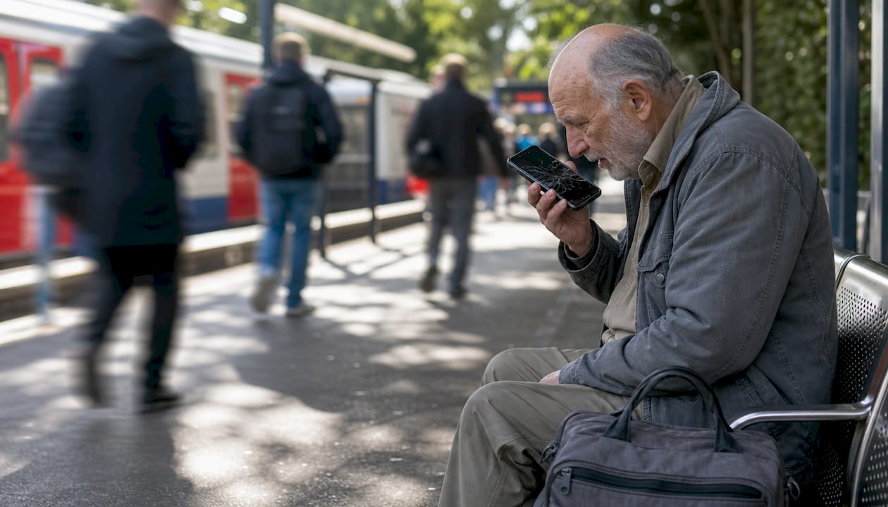 Commuter using a cracked phone at Mill Hill station
