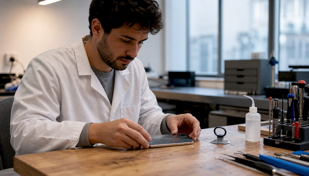 Technician preparing iPhone for back glass repair on clean workbench