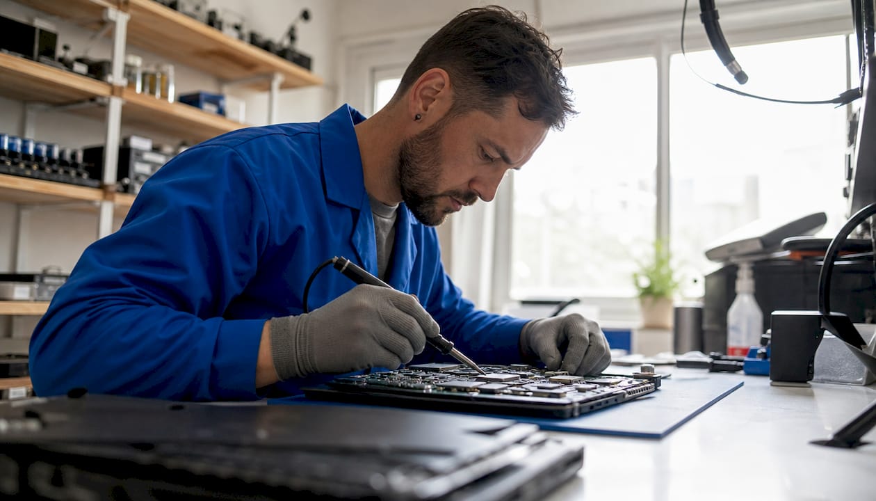 Technician repairing laptop motherboard at bench
