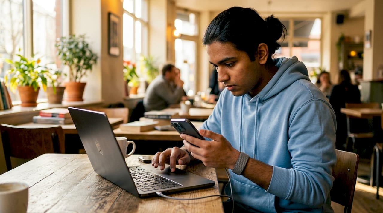 Person restoring iPhone using laptop at home office