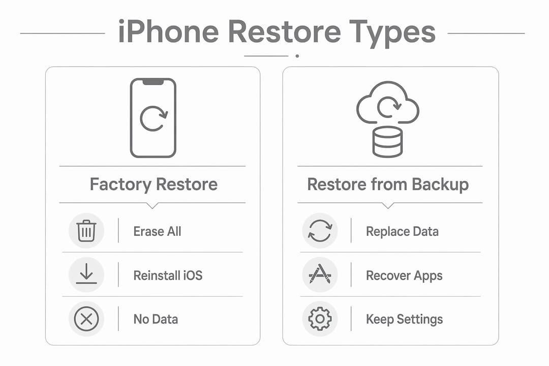 Infographic comparing iPhone restore types and outcomes