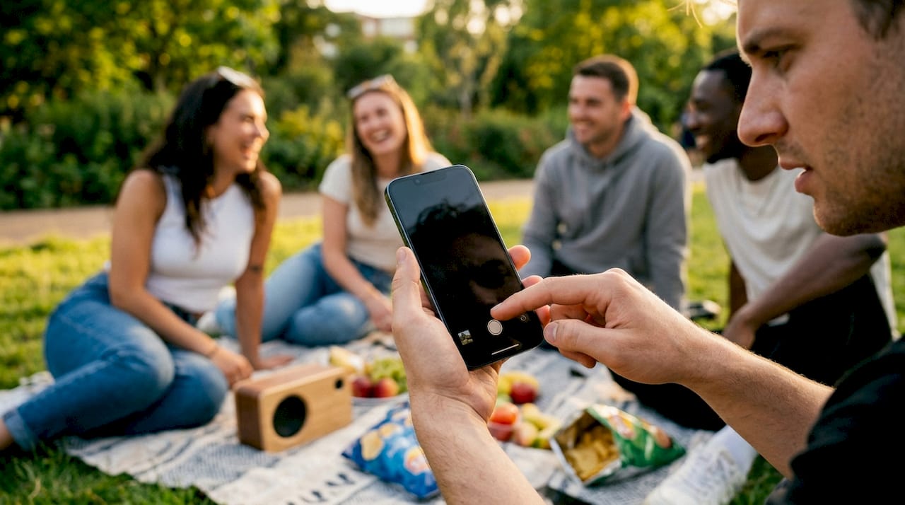 Person holding iPhone with black camera screen