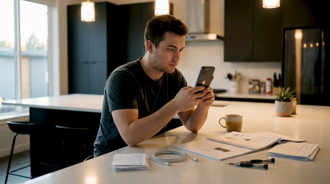 Person holding iPhone stuck in reboot loop on sofa