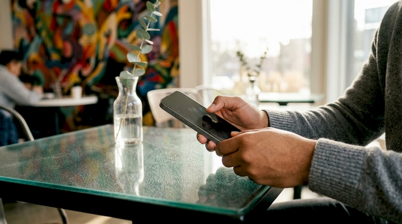 Close-up of hands force restarting iPhone on desk