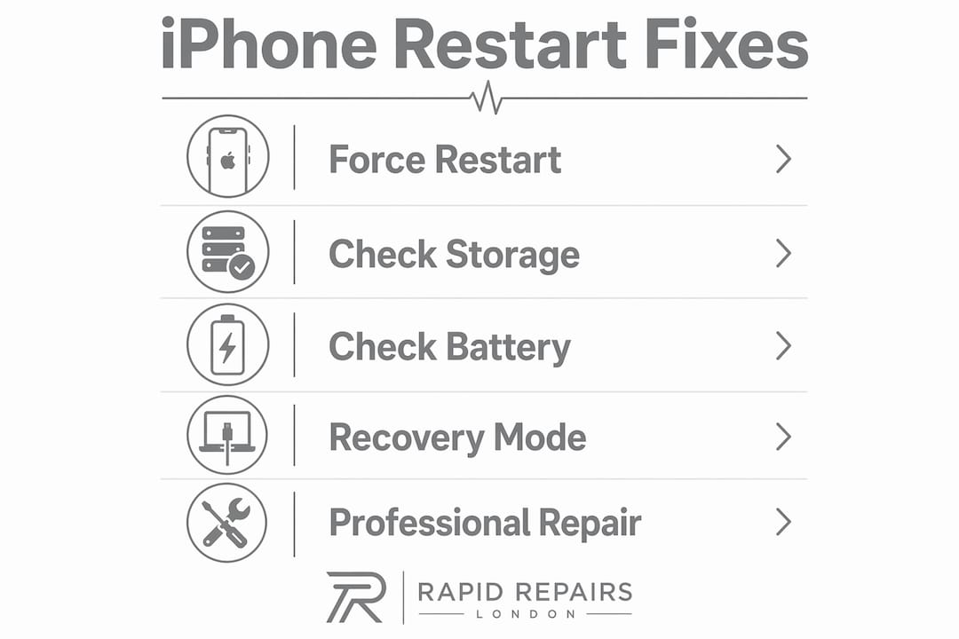 Infographic illustrating steps to fix iPhone restarting issue