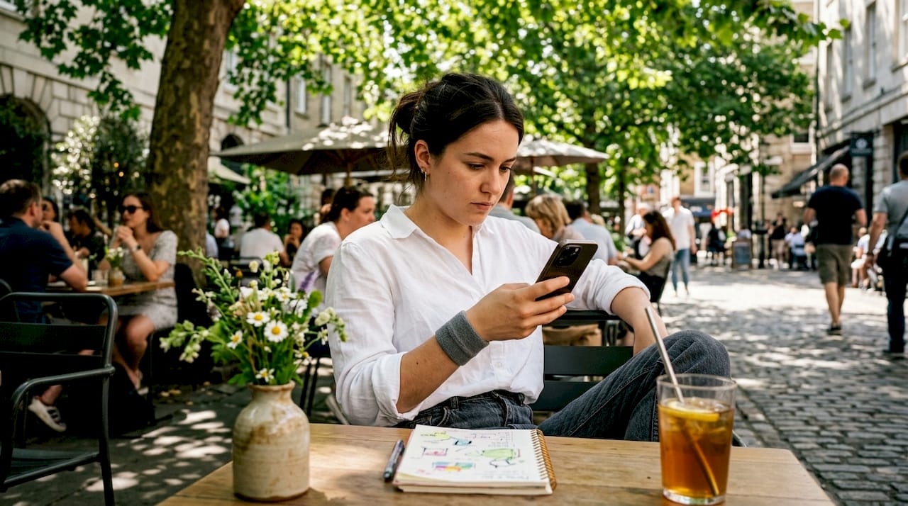 Woman checking iPhone Always On Display at kitchen table