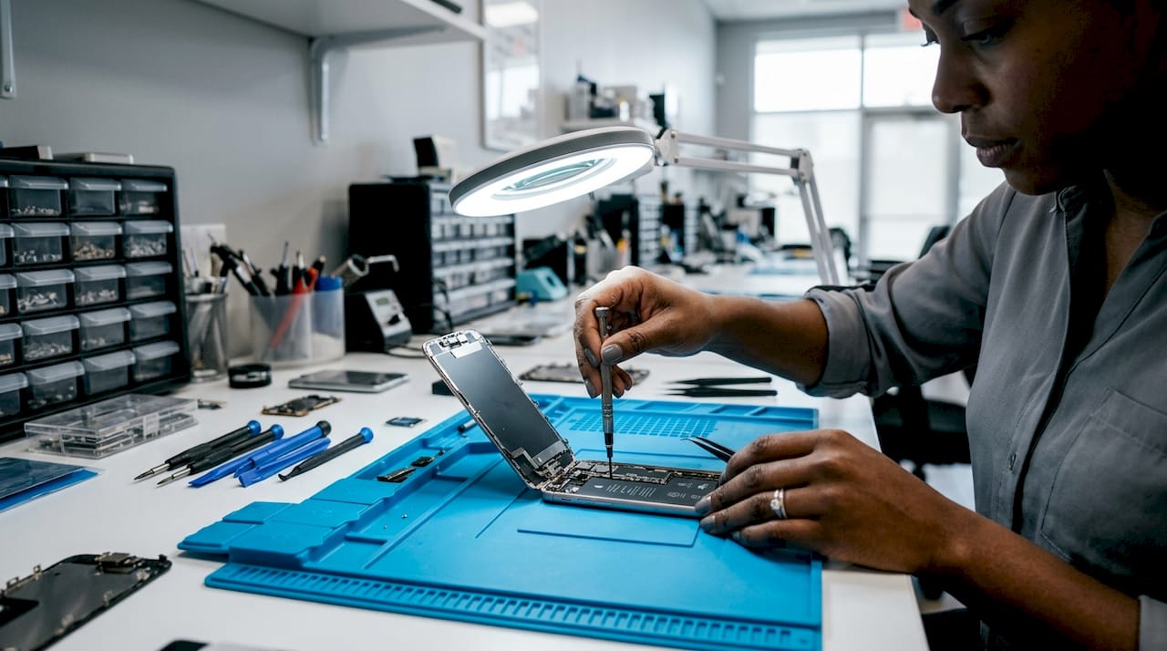 Technician hands diagnosing iPhone internals