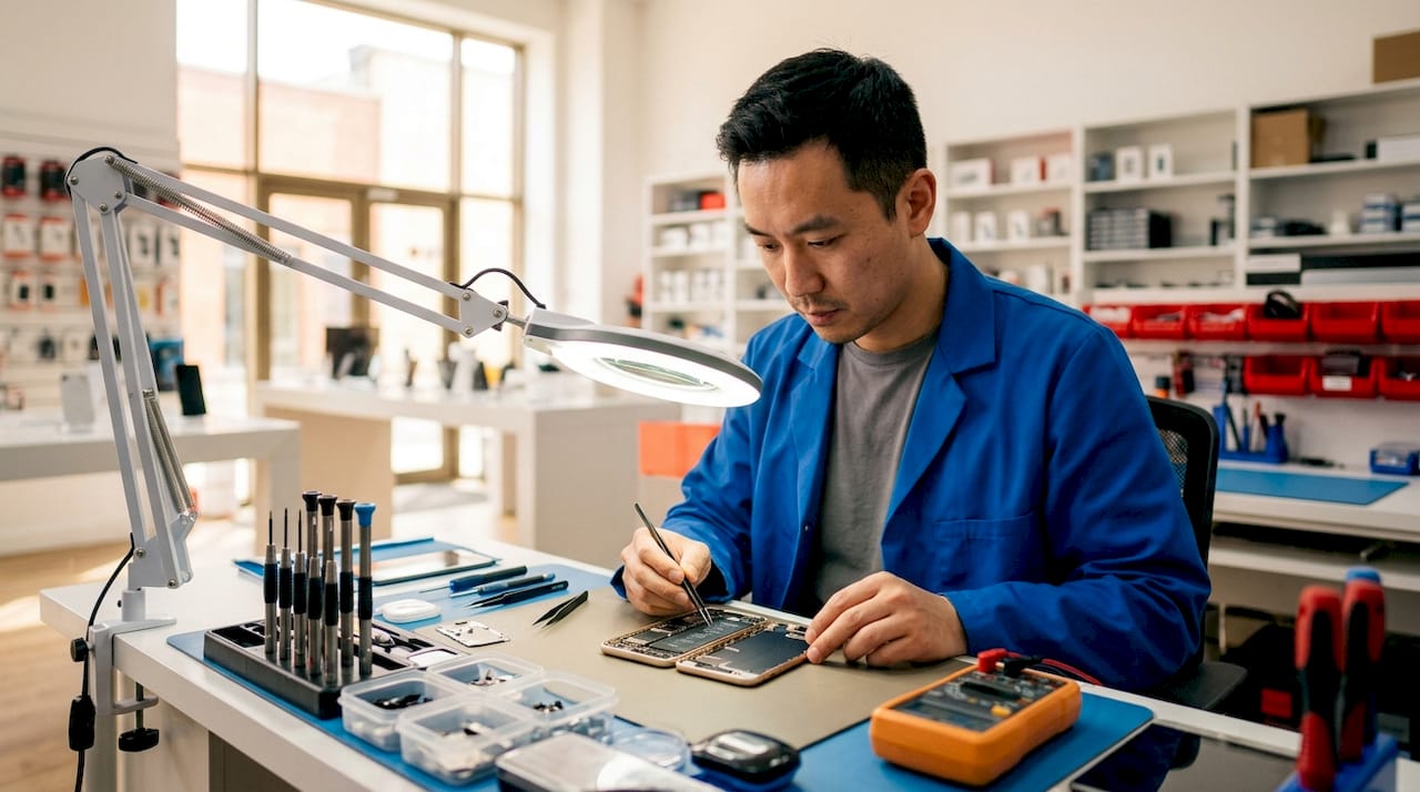 Technician repairing iPhone at workbench