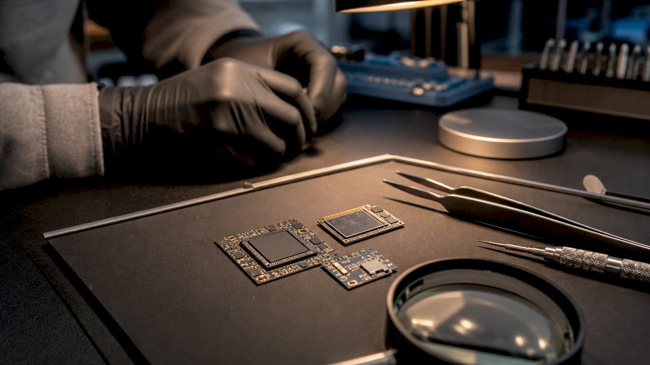Close-up of iPhone C1 modem chip components on worktable