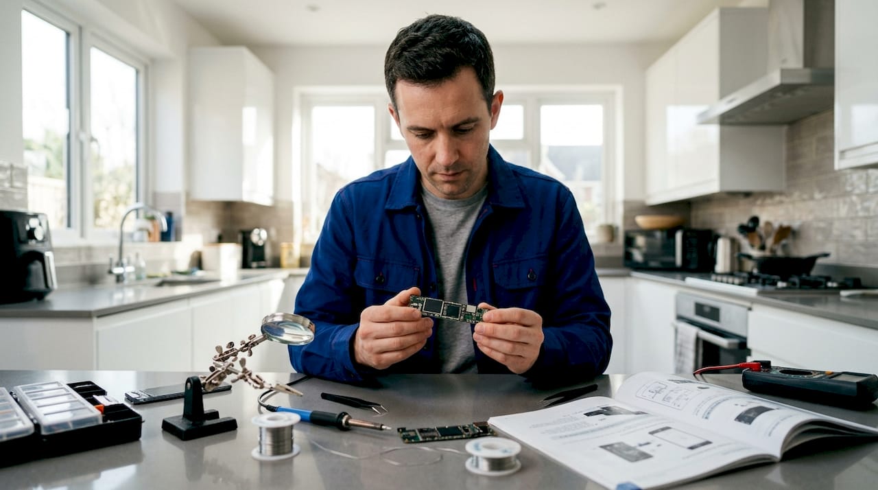 Engineer inspecting iPhone modem chip on logic board