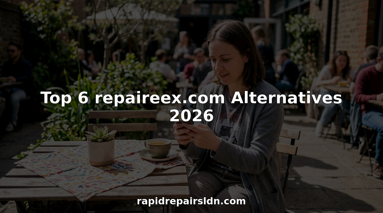 Woman researching phone repair alternatives at table