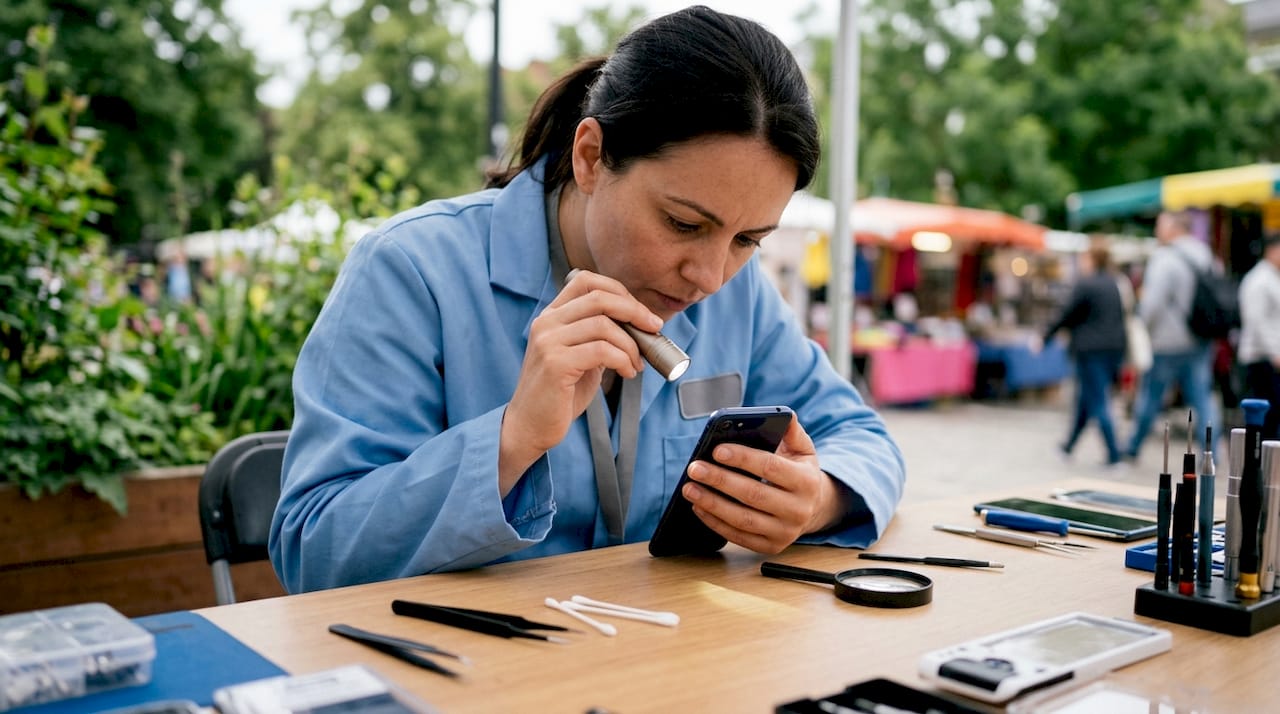 Technician inspecting headphone port with flashlight