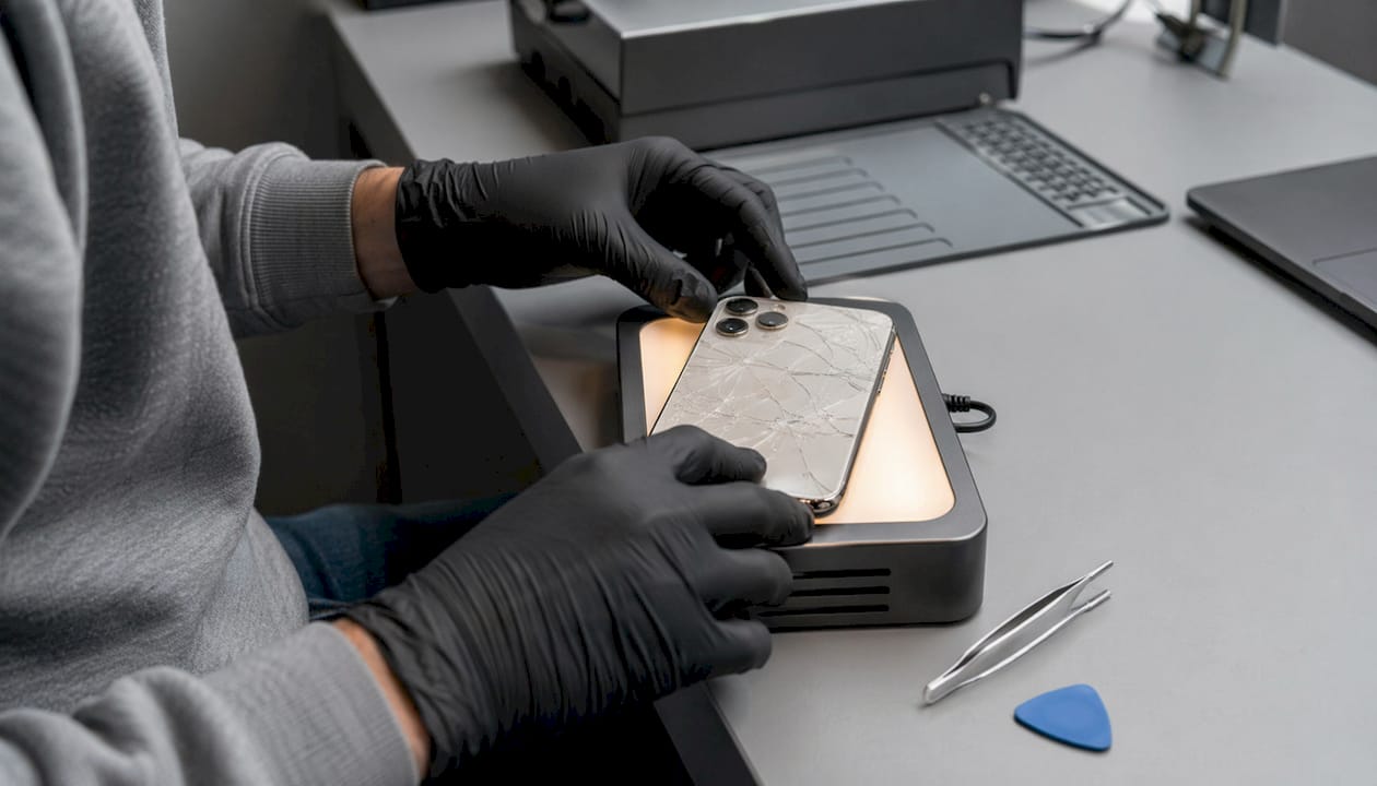 Technician heating cracked iPhone back glass on heating pad