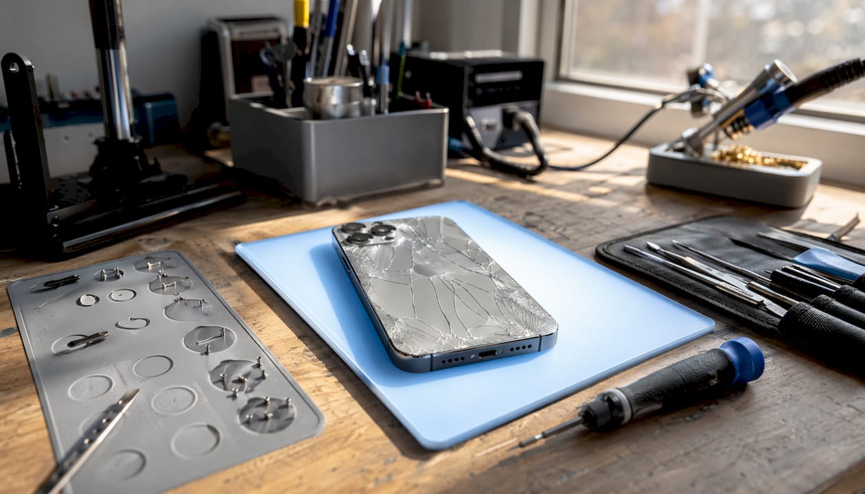 iPhone back glass repair tools and cracked phone on workbench