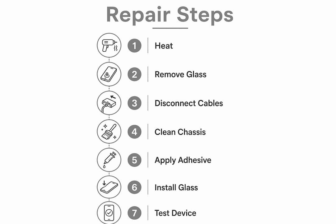 Infographic showing step-by-step iPhone back glass repair process