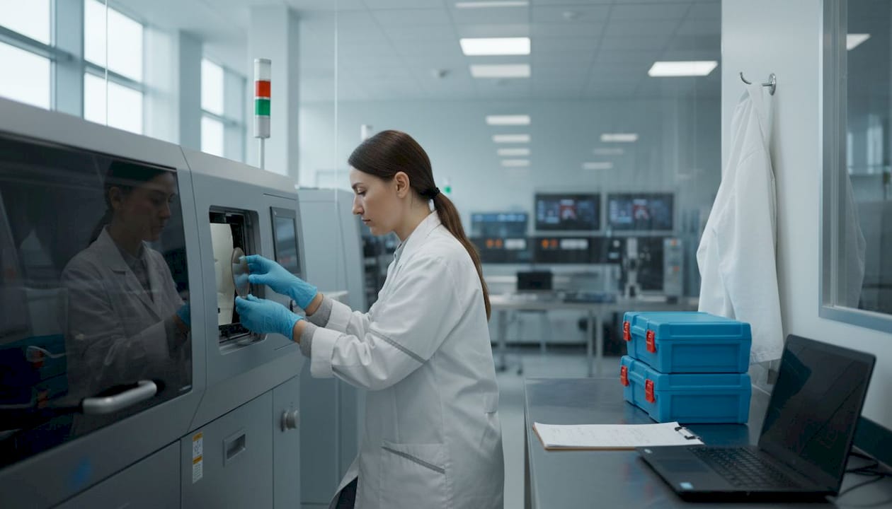 Hands placing silicon wafer in chip fabrication machine