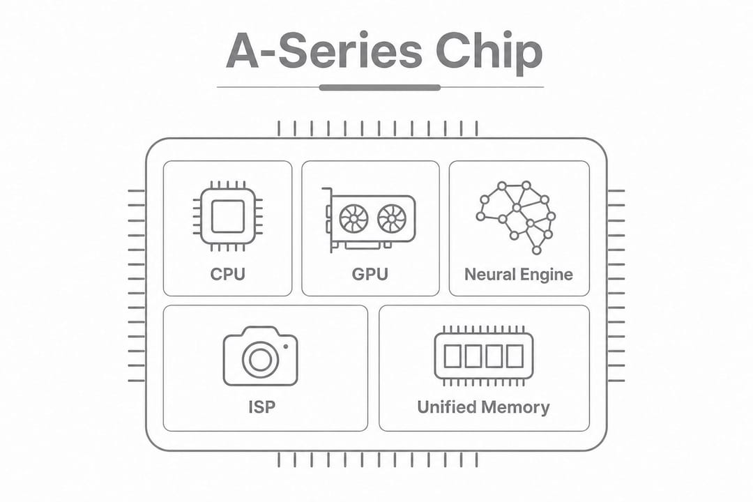 Infographic showing A-series chip components hierarchy