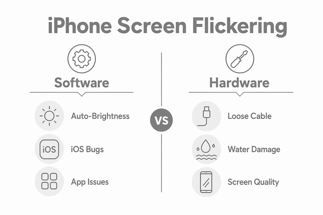 Infographic detailing software and hardware causes of iPhone flickering