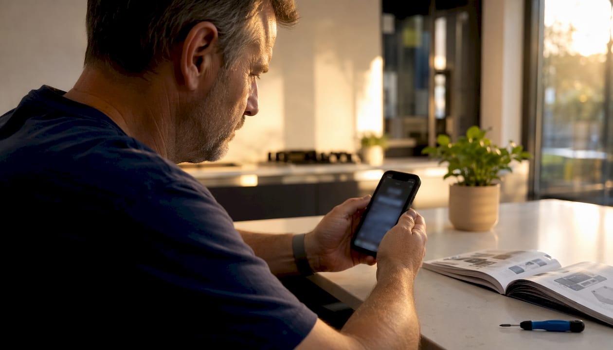 Man applying software fixes on iPhone at home desk