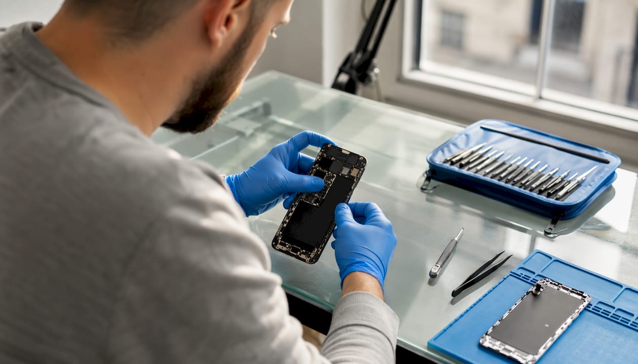 Technician inspecting iPhone hardware for ghost touch faults
