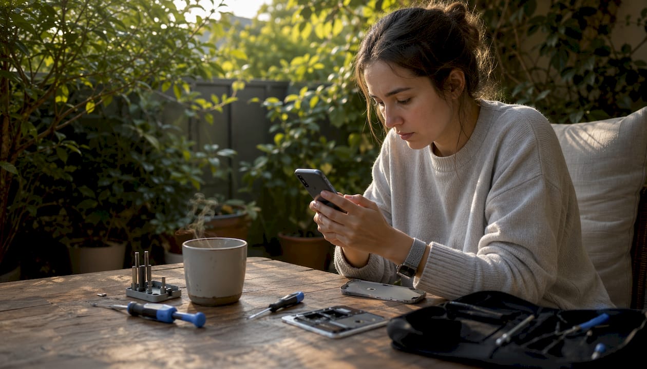 Woman troubleshooting iPhone ghost touch at home