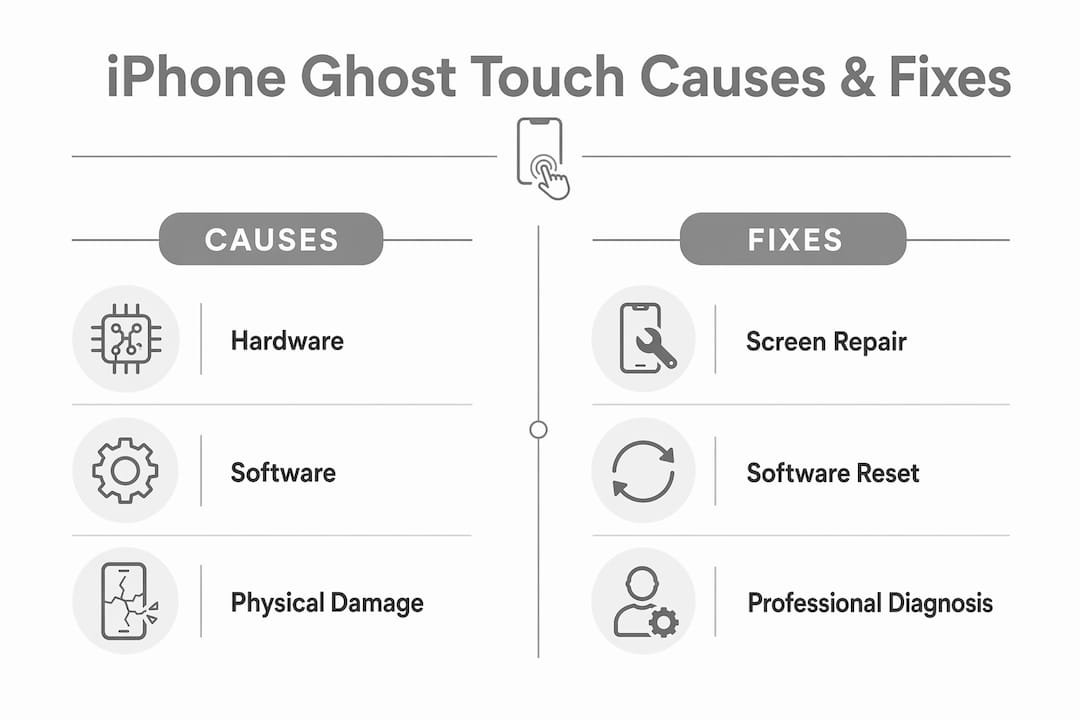 Infographic showing causes and fixes of iPhone ghost touch