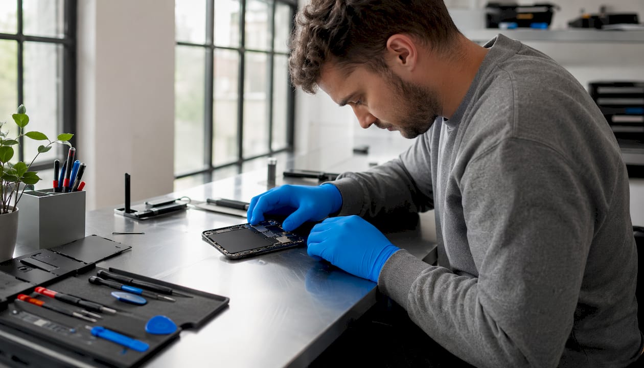 Technician handling iPhone battery on workbench
