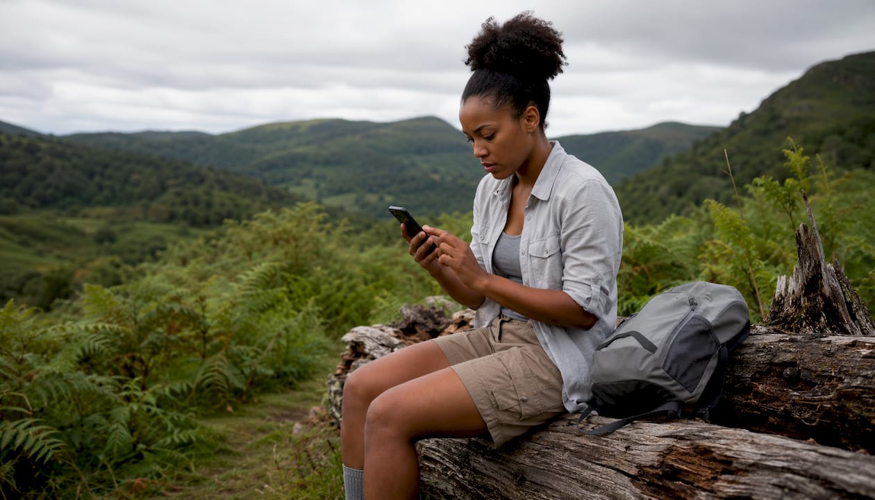 Woman activating Emergency SOS on iPhone outdoors