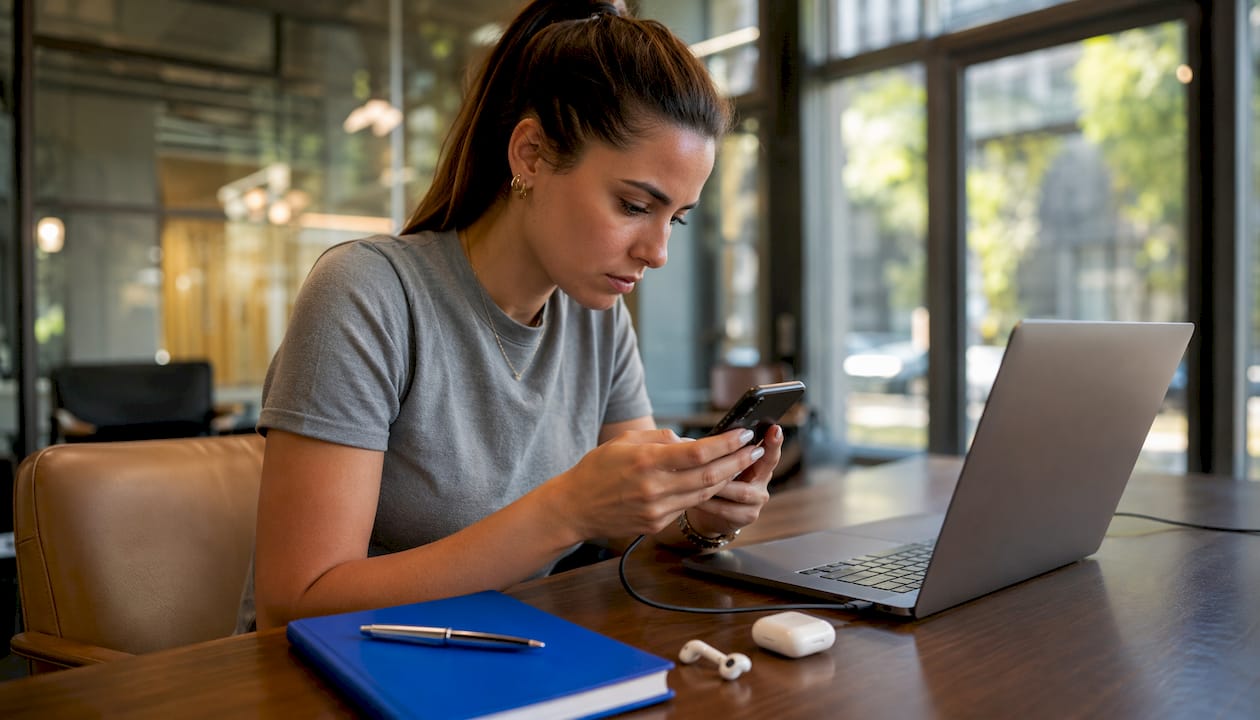 Woman backing up iPhone data at café table