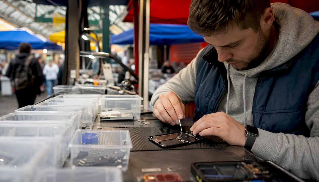 Technician working on iPhone in shady repair shop