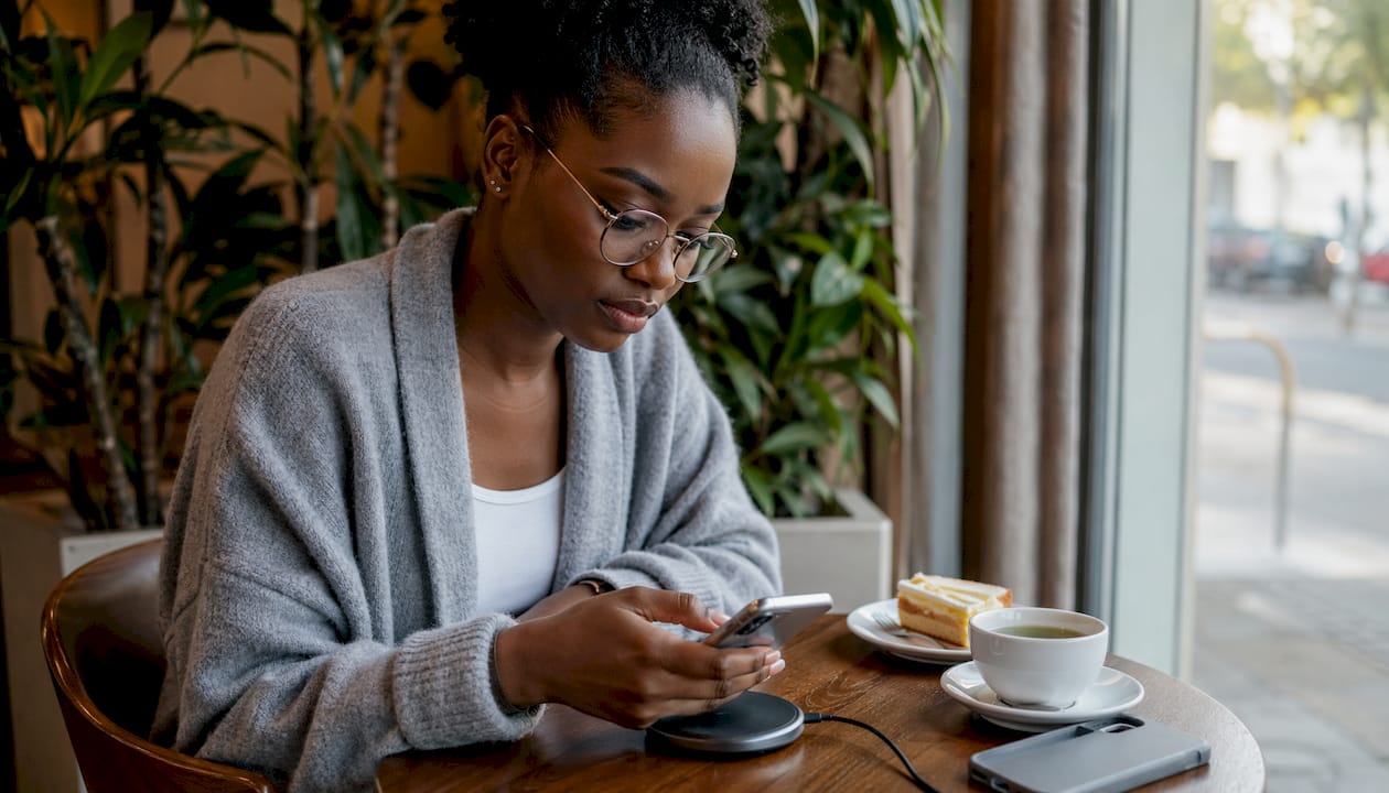 Woman testing iPhone wireless charging at kitchen table