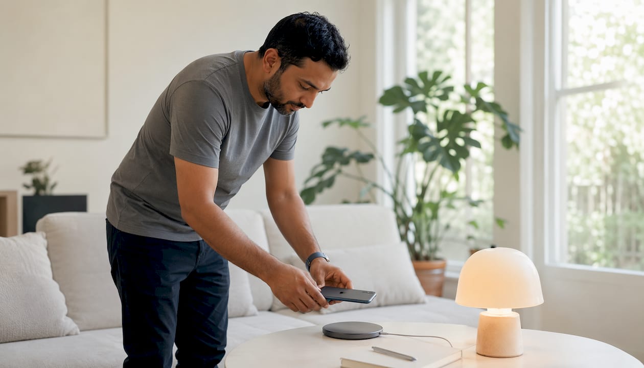 Man aligning iPhone on wireless charger at home desk