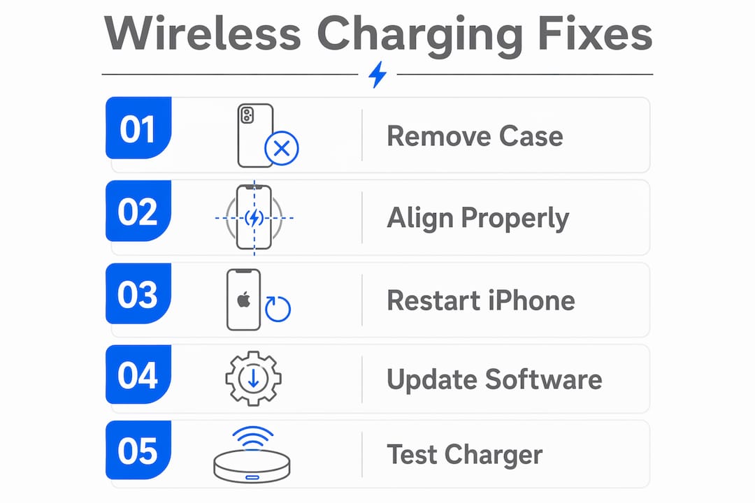 Infographic illustrating step-by-step wireless charging fixes