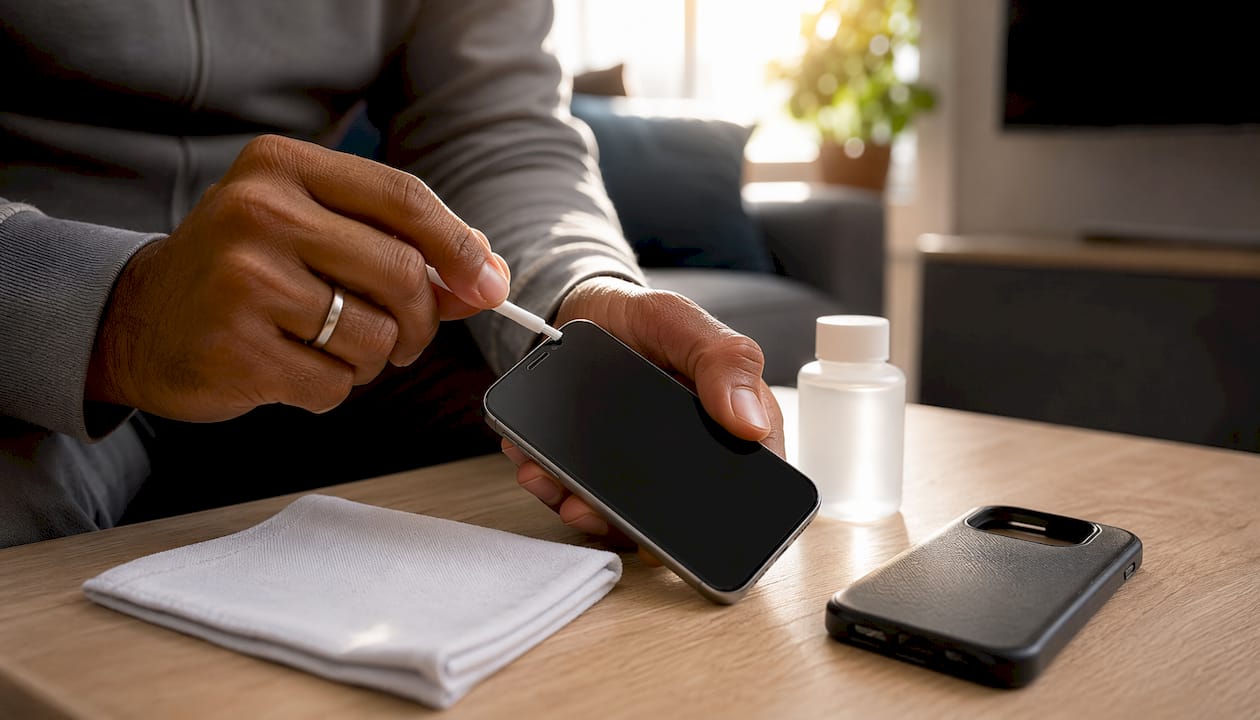 Hands cleaning iPhone earpiece with brush