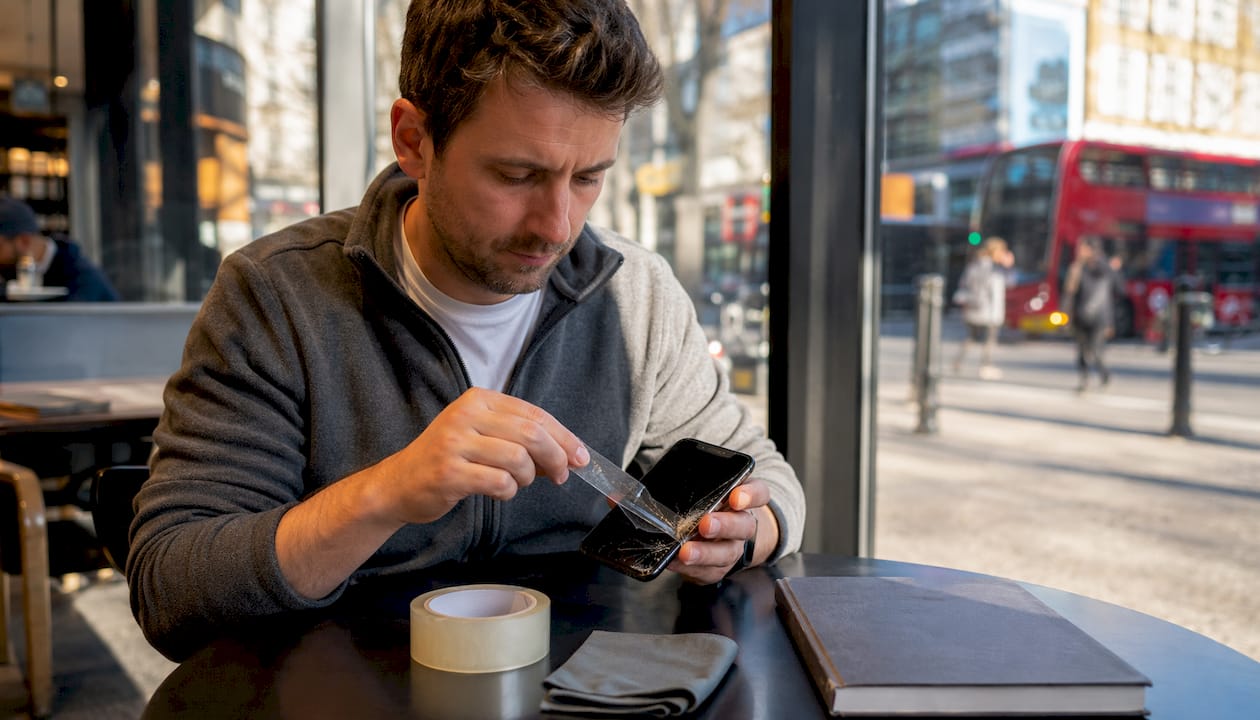 Person applying tape to cracked iPhone screen