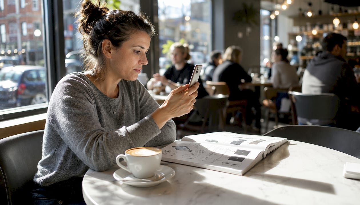 Woman troubleshooting iPhone Face ID at home table
