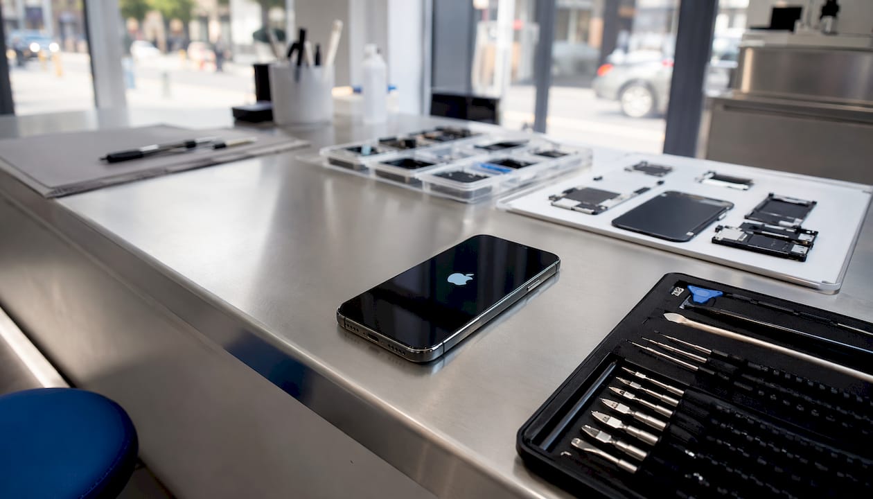 iPhone displaying Apple logo on repair workbench