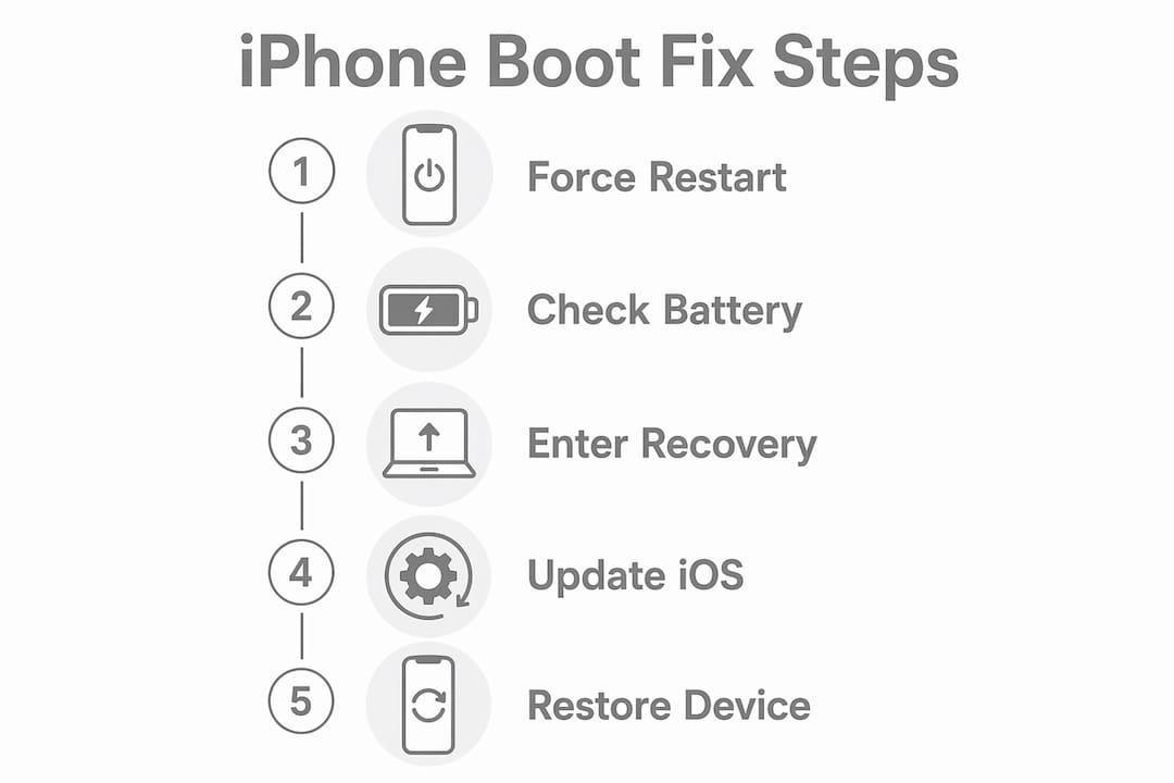 Infographic outlining iPhone boot troubleshooting steps