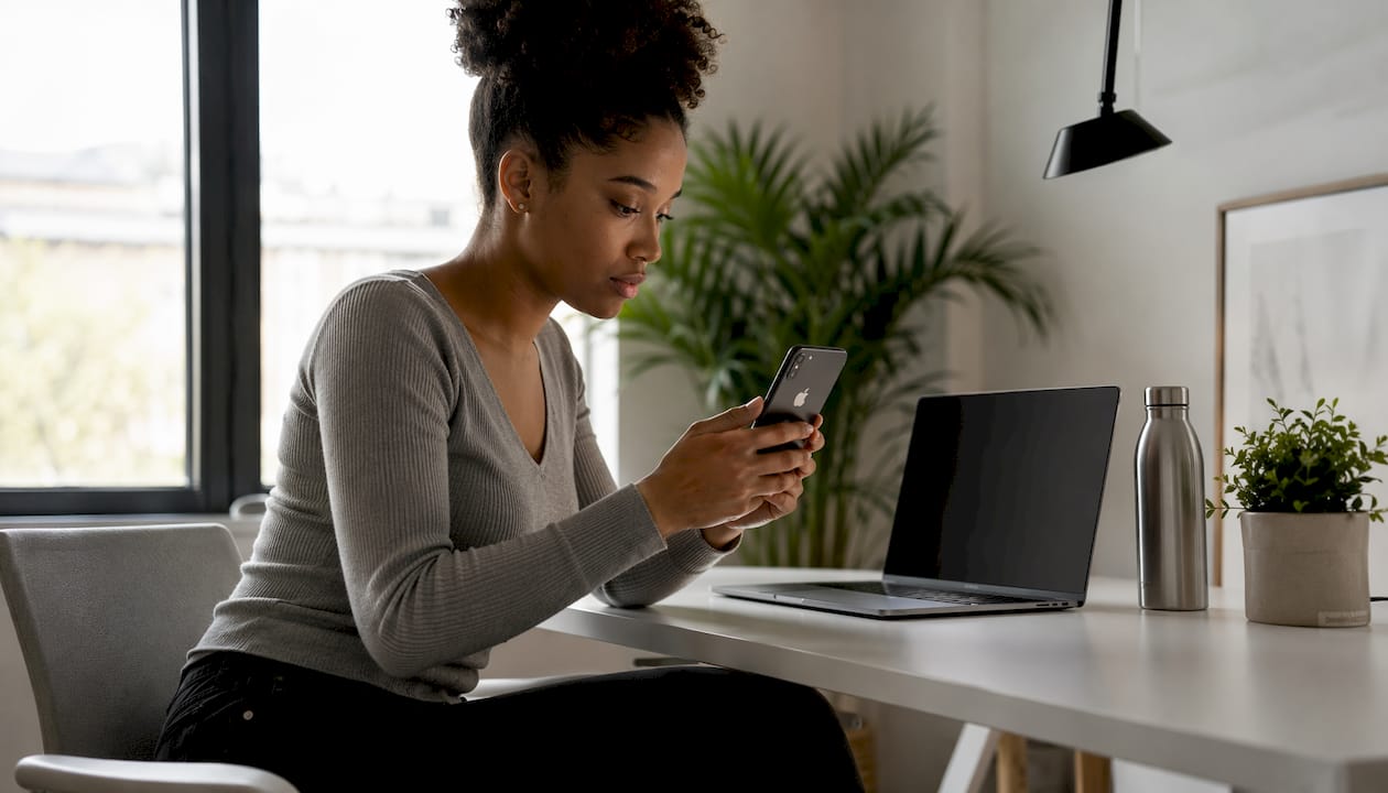 Woman examining iPhone stuck on Apple logo screen