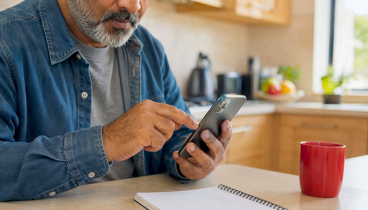 Hands forcing restart on iPhone at home desk