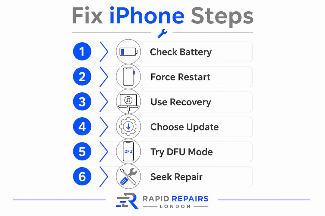 Infographic showing step-by-step iPhone Apple logo fix