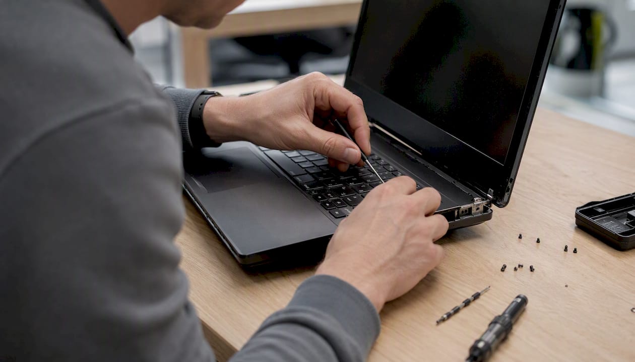Hands tightening laptop hinge screws close-up