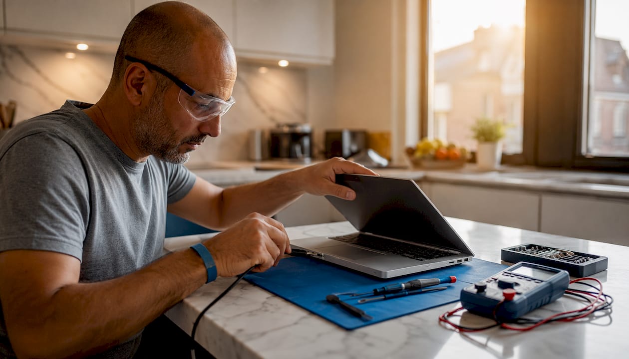 Man preparing laptop for safe hinge repair