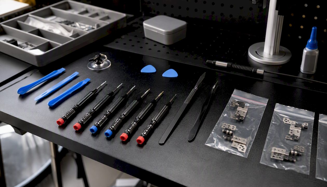 Laptop repair tools neatly arranged overhead shot