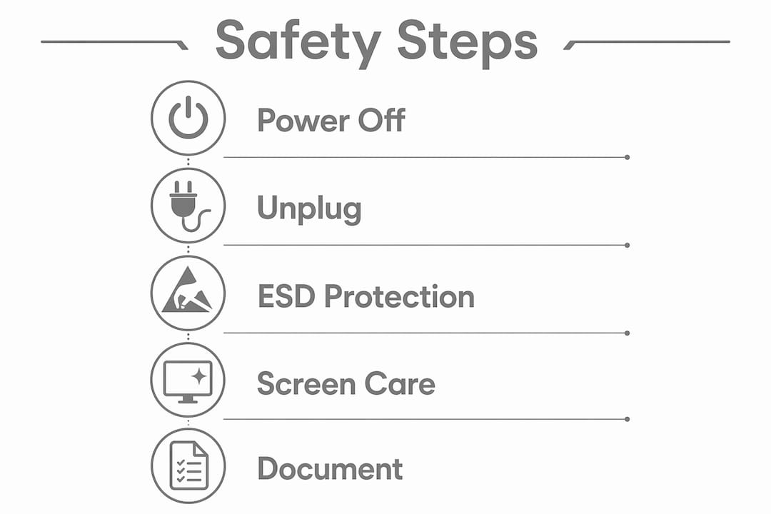 Infographic showing key safety steps for laptop hinge repair