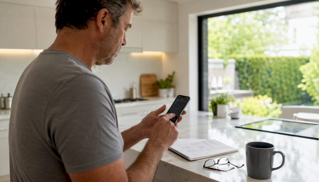 Man reviewing iPhone battery health at kitchen table