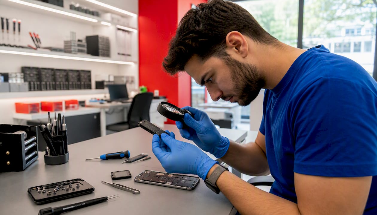 Technician inspecting iPhone battery close-up