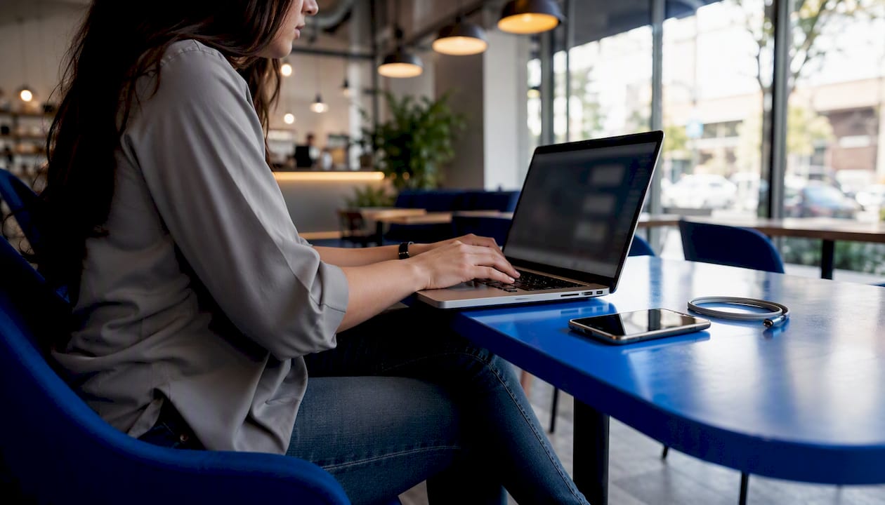 Woman using laptop for iPhone battery diagnostics