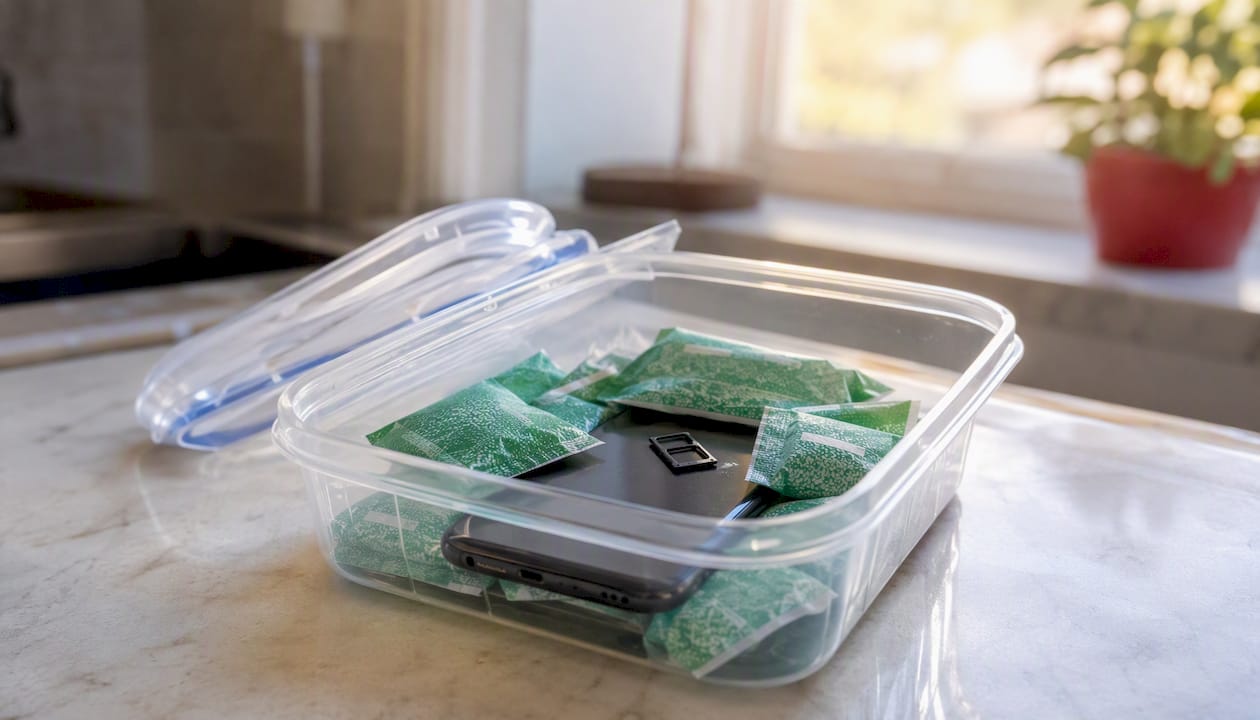 Smartphone and silica gel drying in airtight container